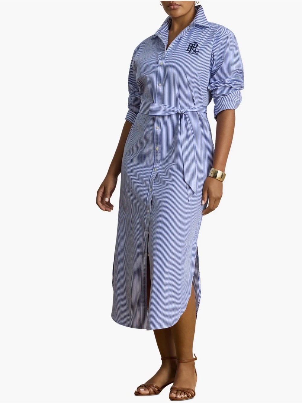 Lauren Ralph Lauren Blue & White Striped Button-Front Midi Shirt Dress